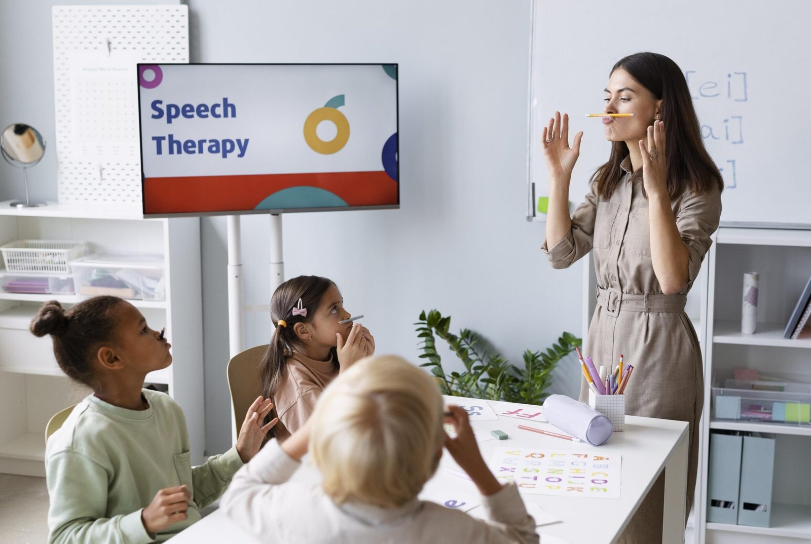 young Speech therapist doing speech therapy with kids (Advantage Therapy)