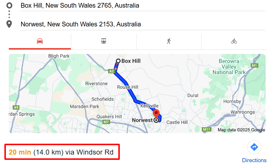 Box hill to Advantage Therapy Norwest NSW distance