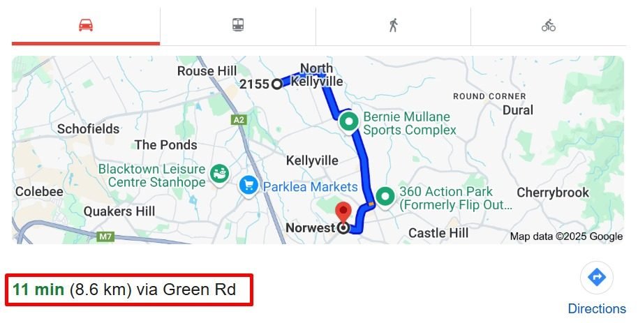 distance between Advantage Therapy drive from Rouse Hill, to Advantage Therapy located at: 10/40 Brookhollow Ave, Norwest NSW 2153