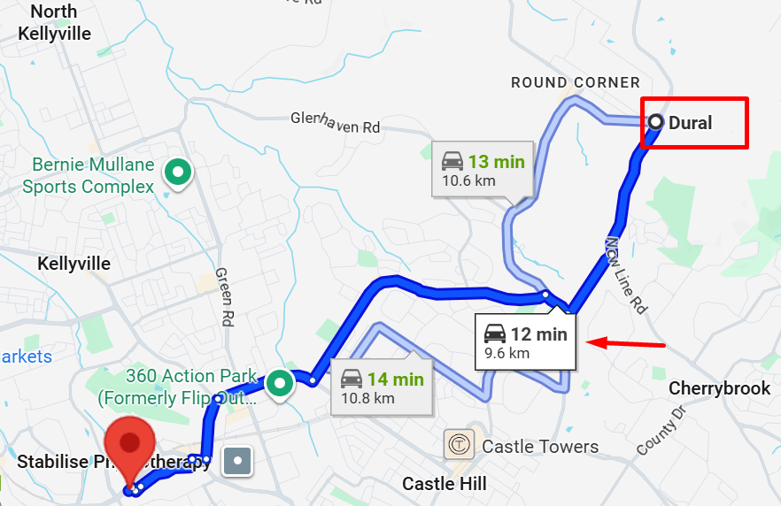 distance between Advantage therapy norwest to Dural nsw